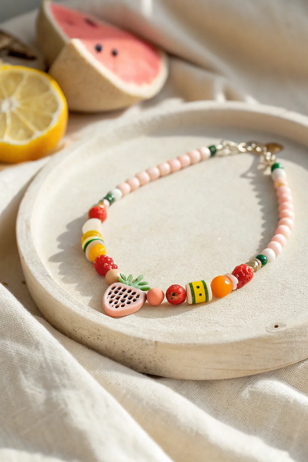 Sunny fruit sprinkle bracelet with colorful heishi beads and cute handmade fruit accents