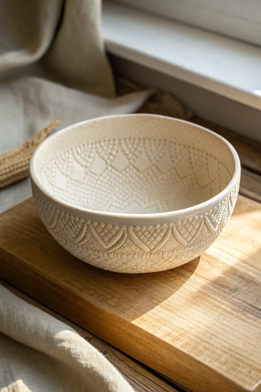 Pale lace-stamped clay bowl with crisp texture and soft minimalist styling for a calm boho look