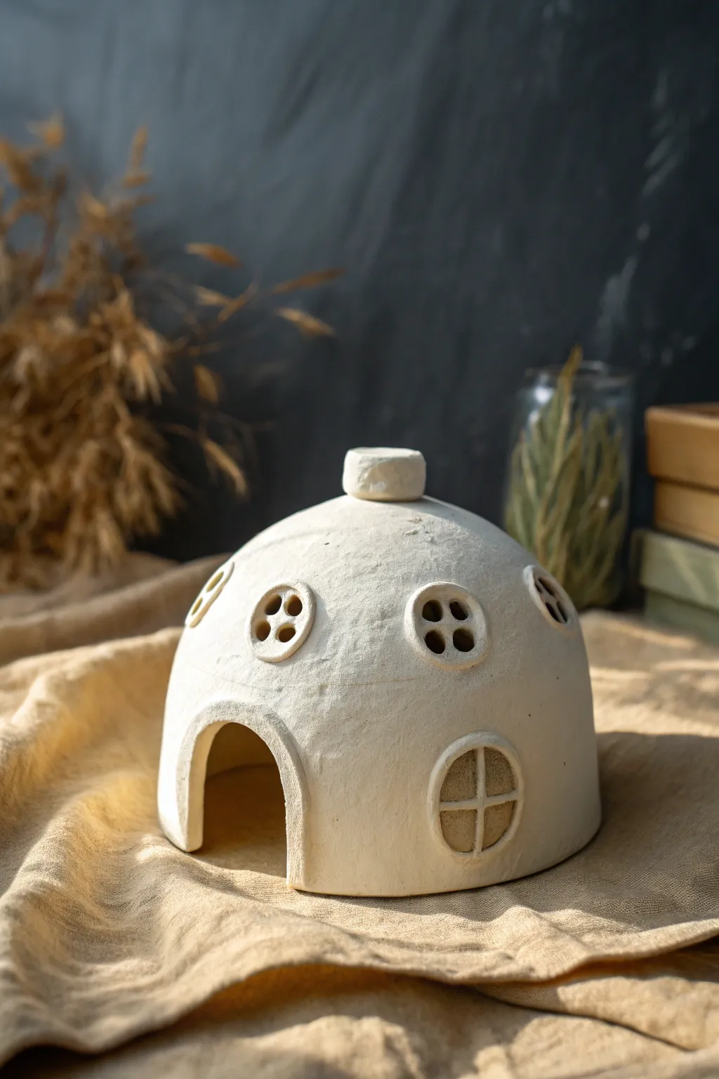 Mini pinch pot dome fairy house with cutout windows and arched door, calm Nordic vibe.