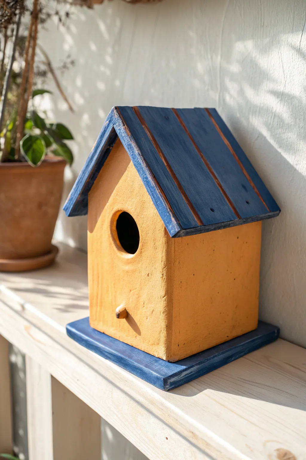 Playful birdhouse clay house with a bold painted roof, a cheerful handmade accent for your shelf
