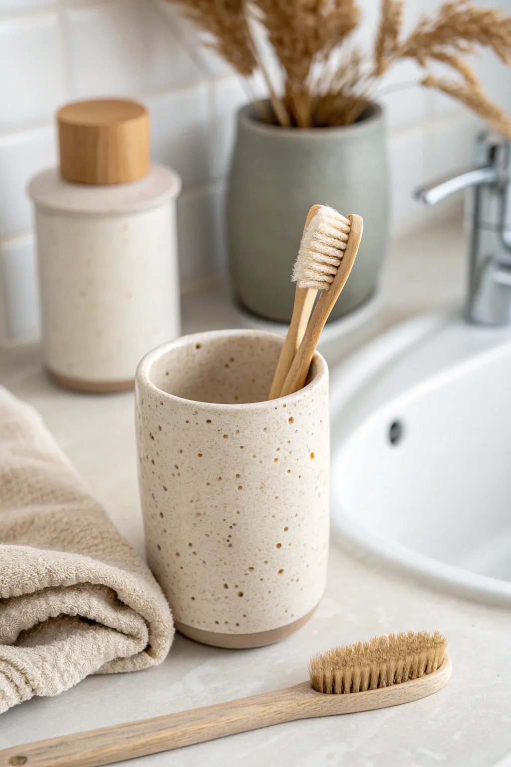 Handmade clay toothbrush cup for a calm, minimalist bathroom with a soft boho touch.