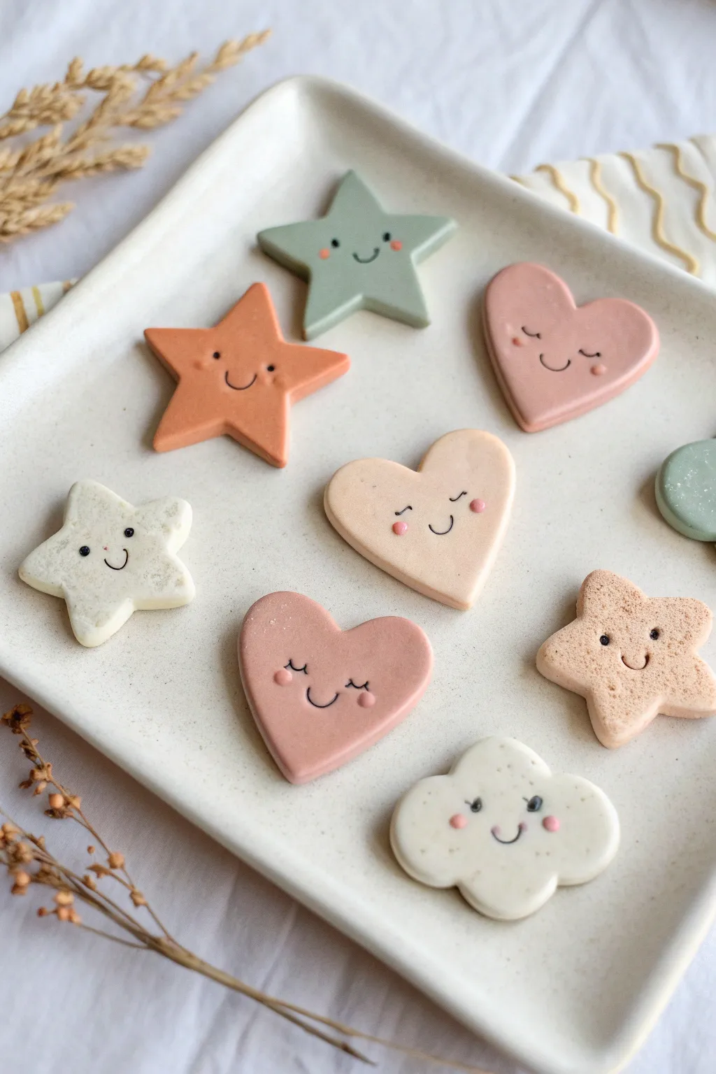 Sweet beginner clay magnets with happy icons, minimal pastel tones and clean Scandinavian style.