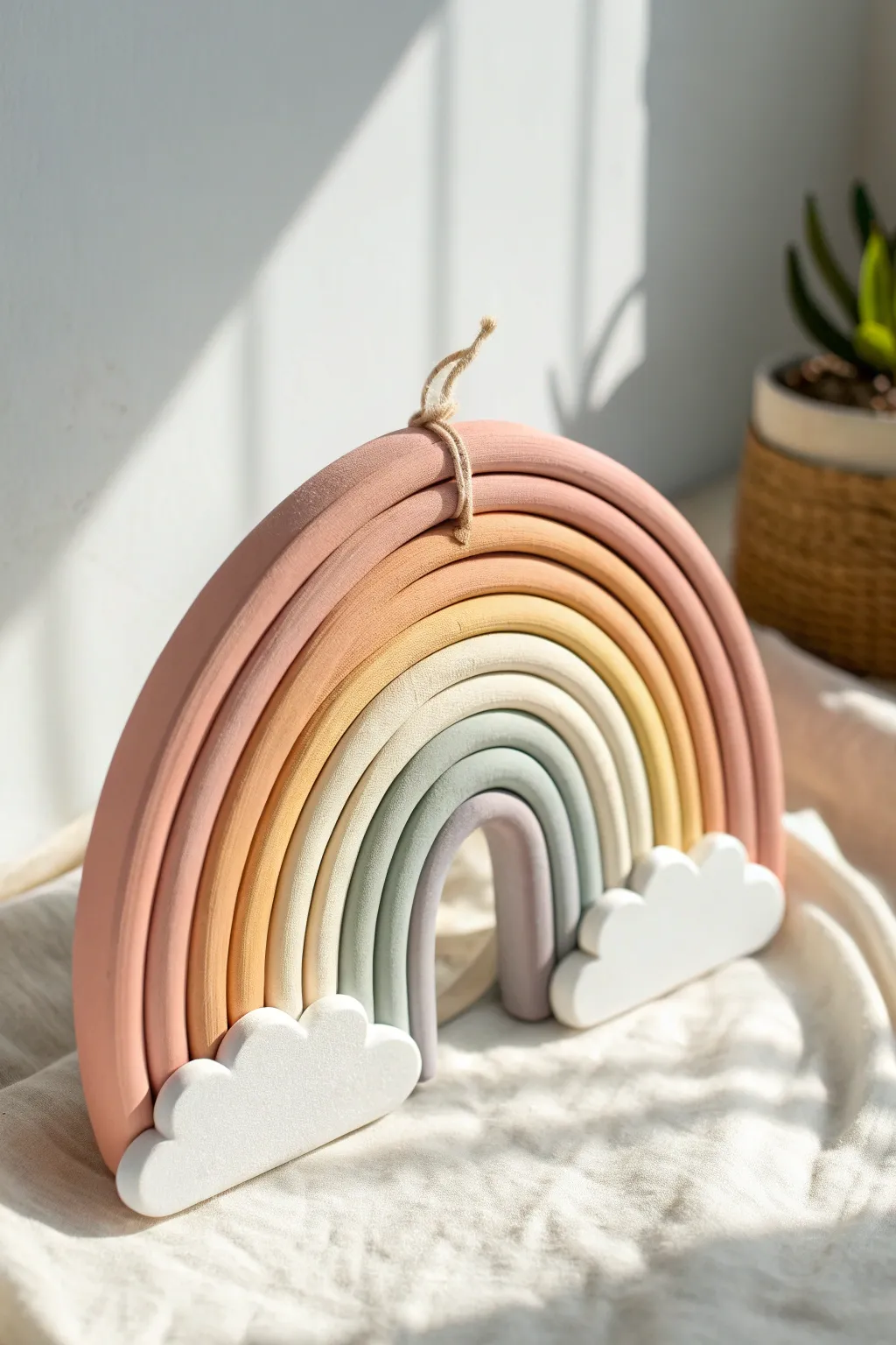 Sweet coil-clay rainbow with fluffy clouds, a simple kid-friendly wall decor in soft pastels