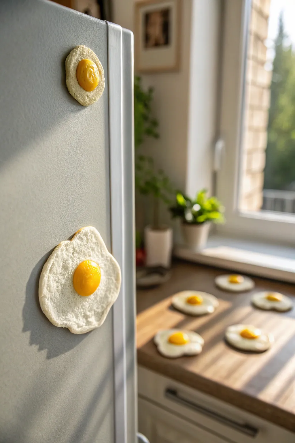 Cute handmade fried egg clay magnets add sunny charm to your minimalist kitchen fridge.