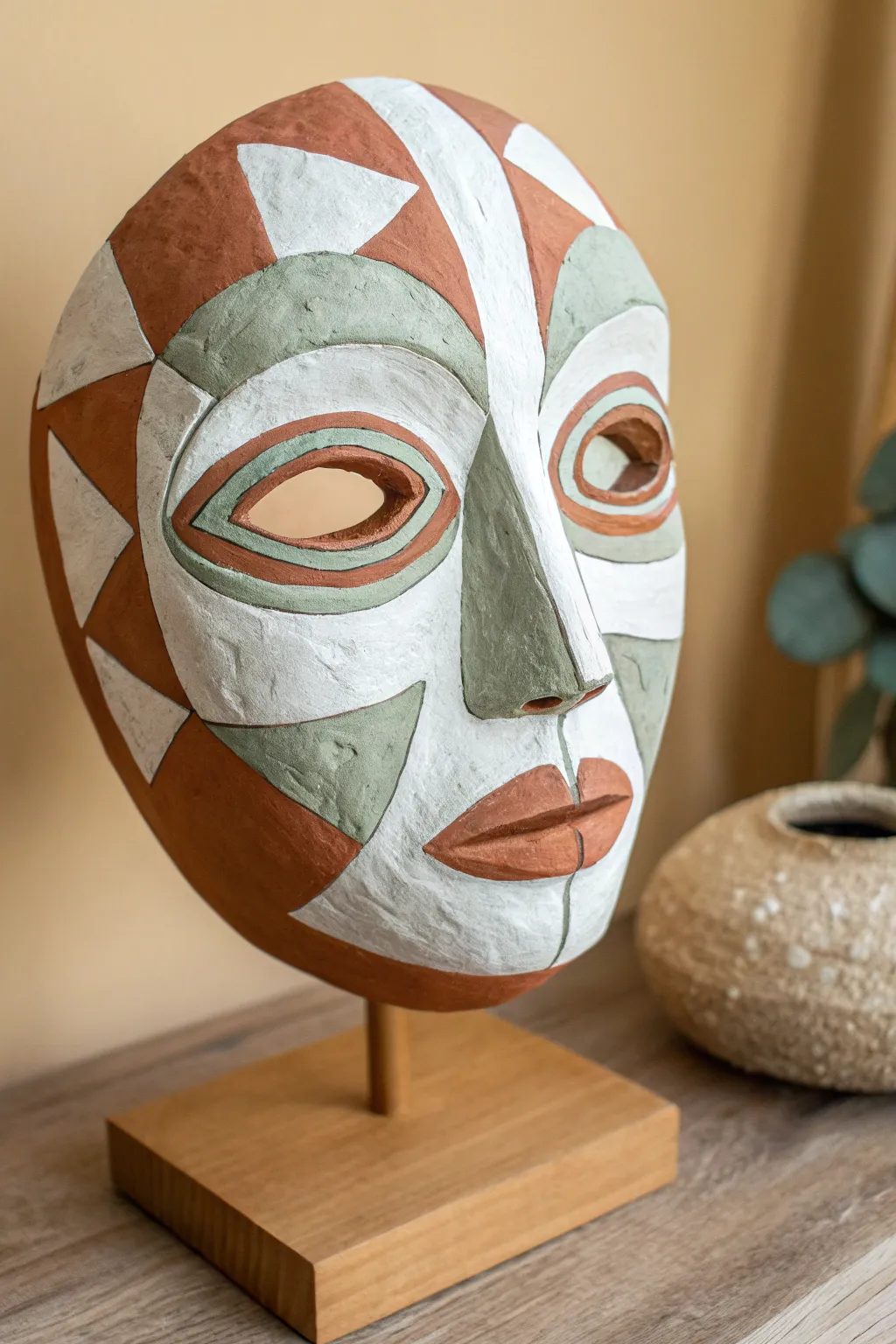 Minimalist cubist clay mask with mismatched eyes, modern color blocks, calm boho vibe