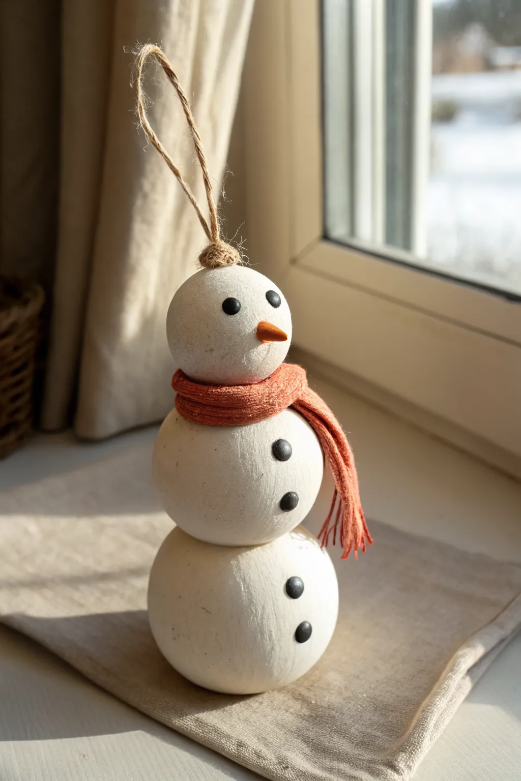 Minimal clay snowman stack ornament with a tiny scarf, perfect for cozy Scandinavian holiday decor.