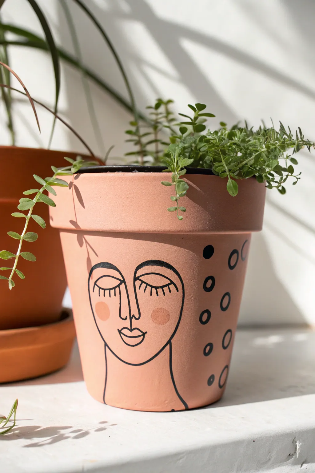 Minimal one-line face on a matte clay pot with blush dots and a tiny plant, calm and modern