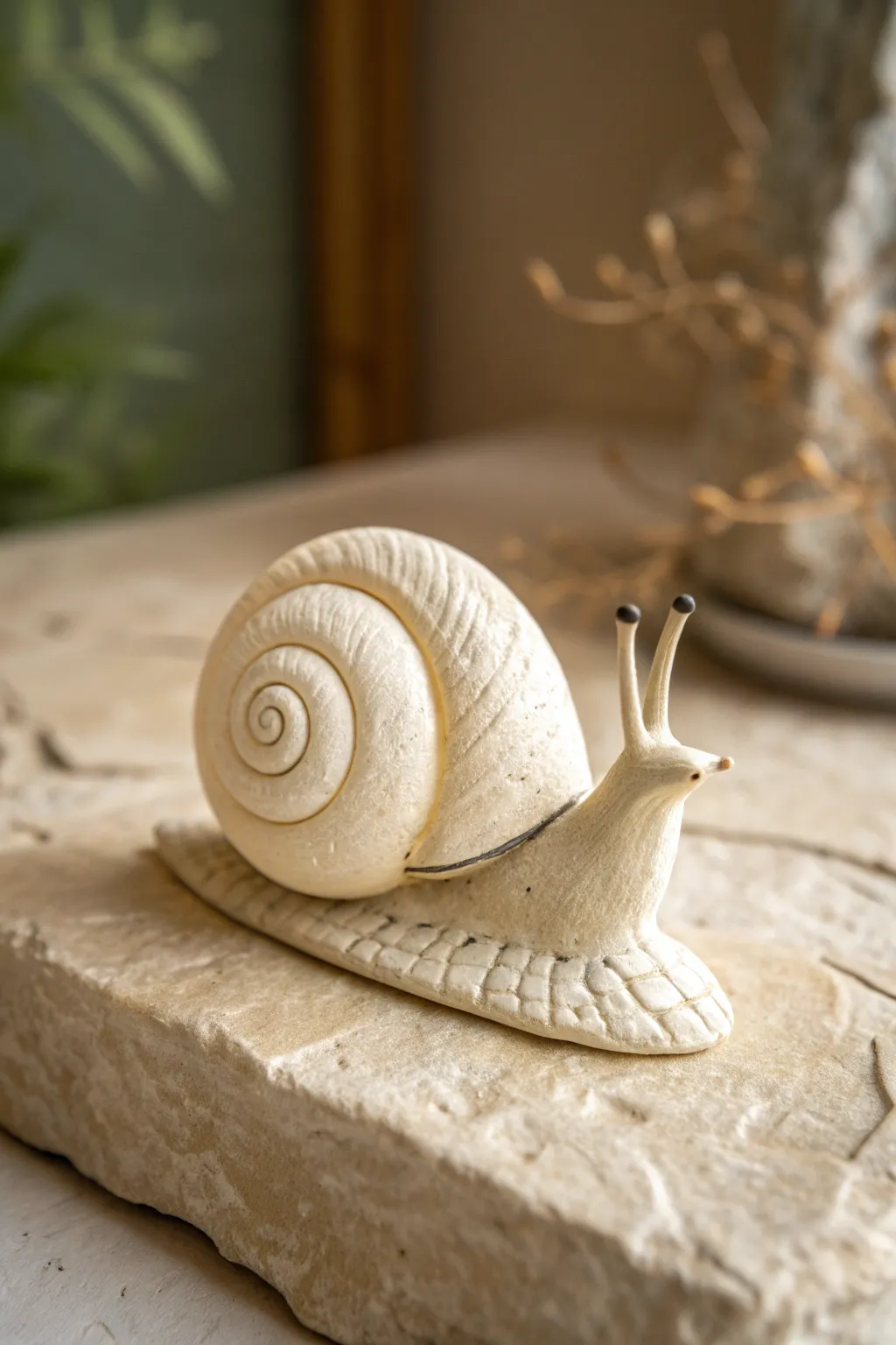 Cute coiled-shell clay snail, minimalist Scandinavian styling, simple and achievable for beginners.