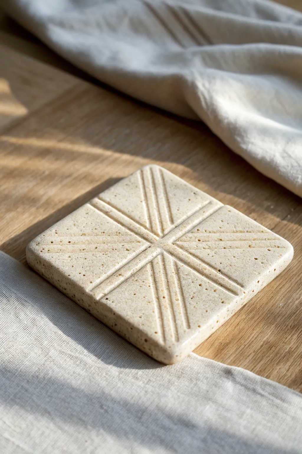 Bold crosshatch carving on a minimalist clay coaster, lit to reveal depth and texture.