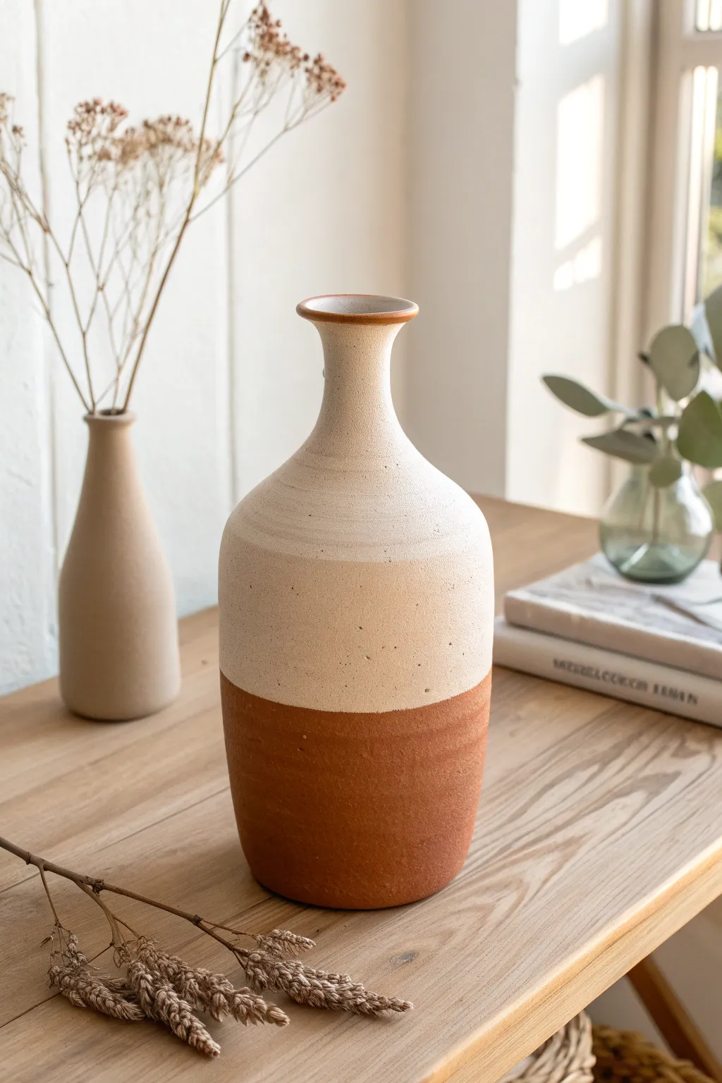 Two-tone matte clay vase in terracotta and cream with dried florals, modern and minimal.