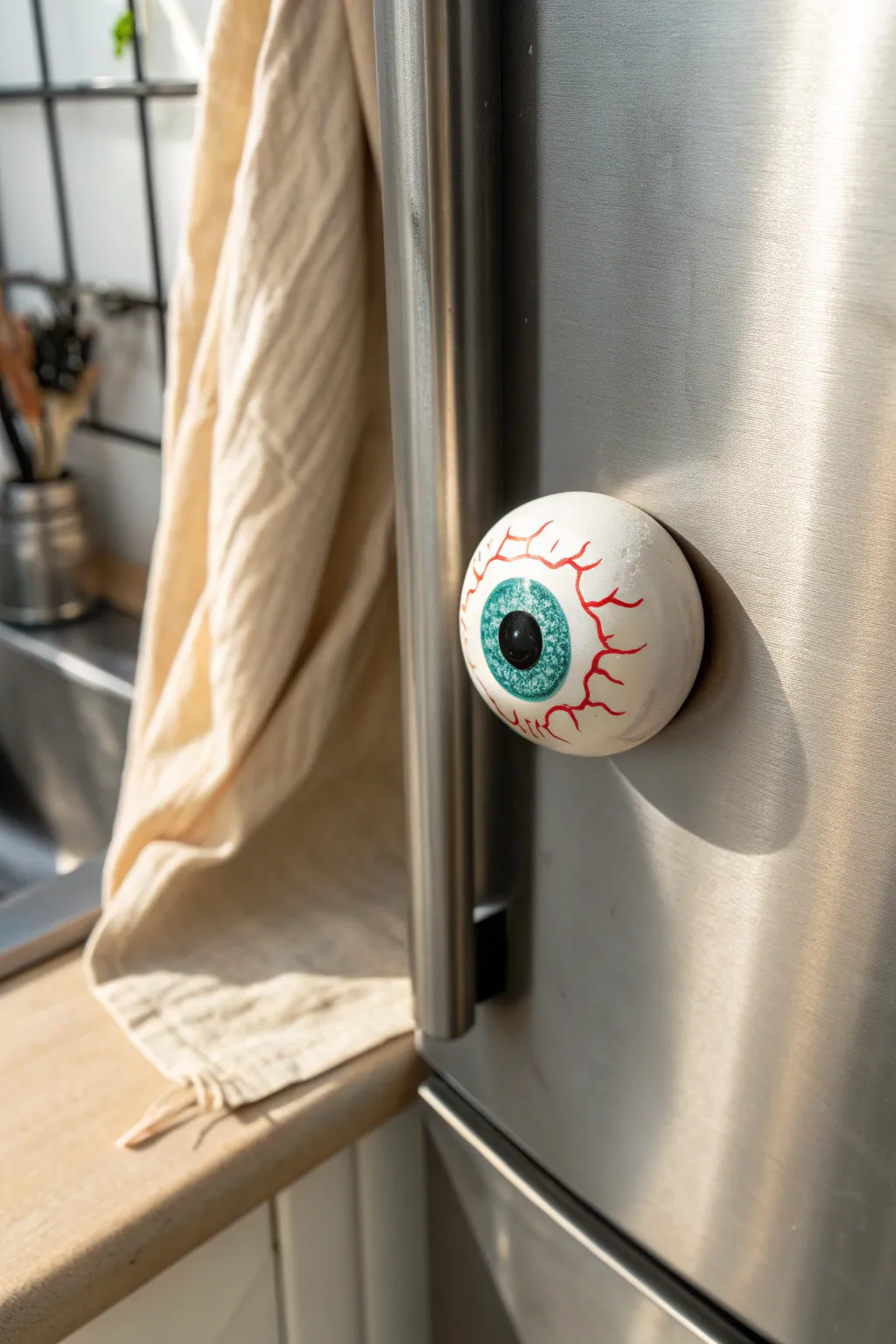 Cute clay googly eyeball magnet with painted veins, popping on a minimalist steel fridge.