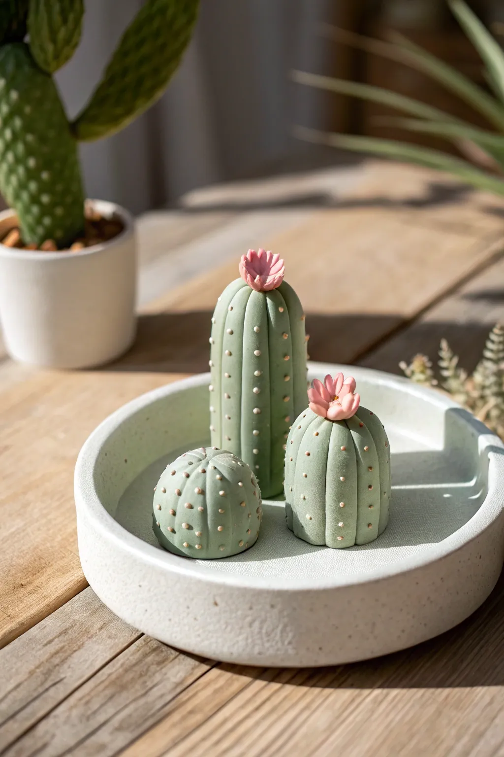 Tiny clay mini cacti with dotted spines and a blush flower, styled in a minimalist boho look.