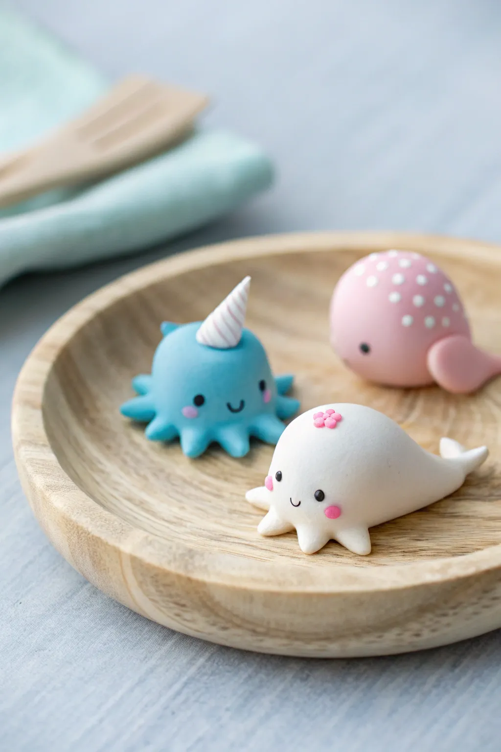 Sweet mini whale, narwhal, and jellyfish clay set in Scandinavian pastel style, perfect simple DIY.