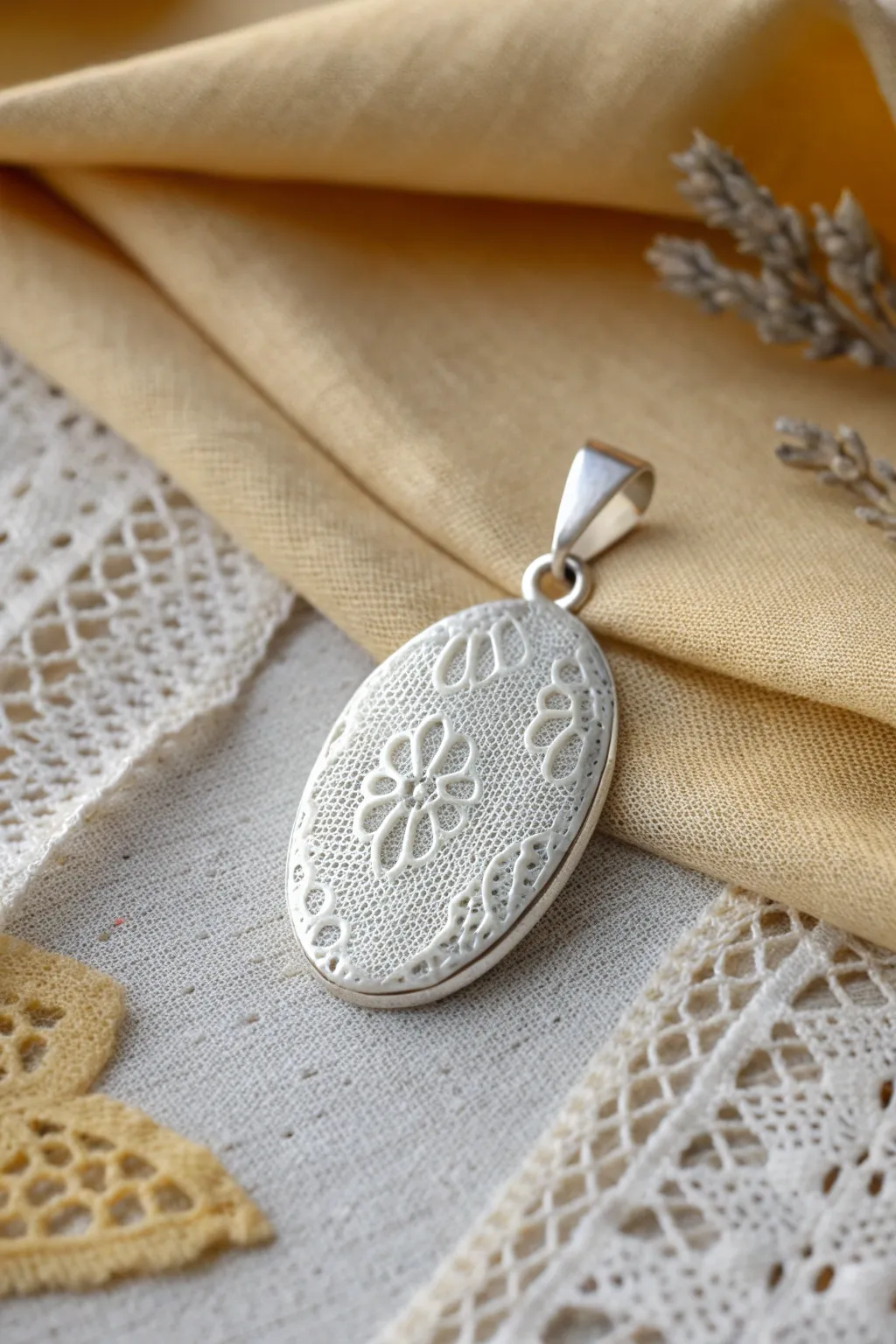 Lace-imprint oval silver clay pendant with beautifully darkened texture on soft linen styling