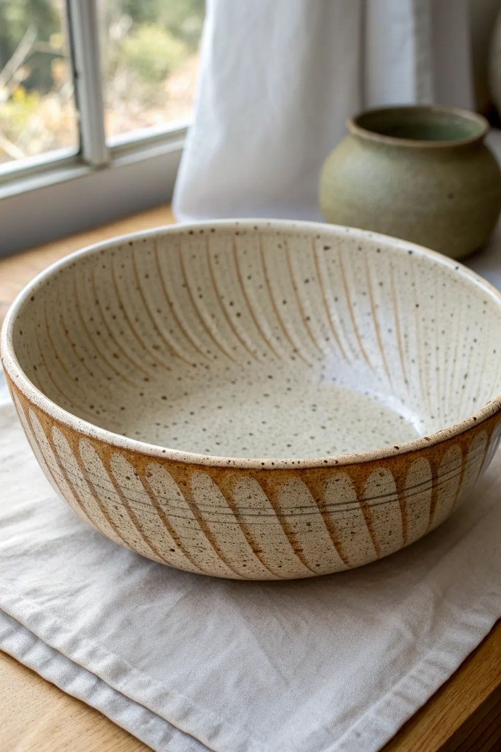 Textured slab bowl with bold wraparound pattern, matte speckled glaze, minimal Nordic mood