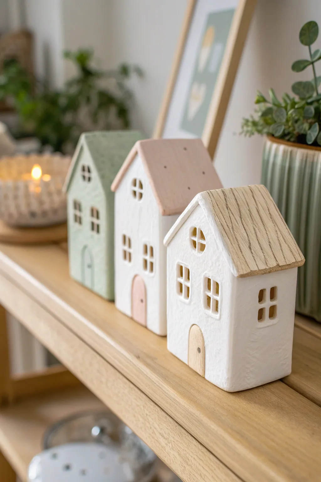 Mini slab house village in soft neutrals, a cozy handmade street for your pottery shelf.