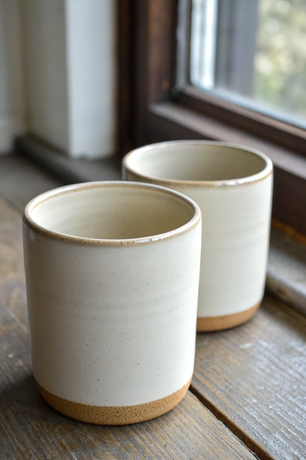 Two tapered slab cylinder cups with satin glaze and a crisp rim line in calm minimal style