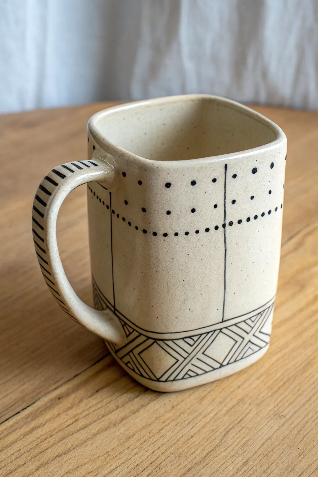 Minimal slab mug with crisp Mishima inlay, soft satin glaze and calm Scandinavian mood.