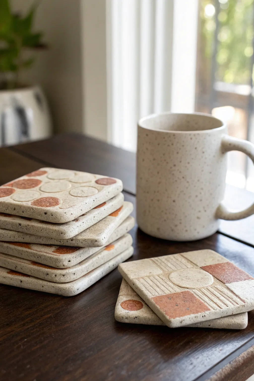 Beginner slab coasters with stamped texture, stacked neatly for a serene Scandinavian coffee table.