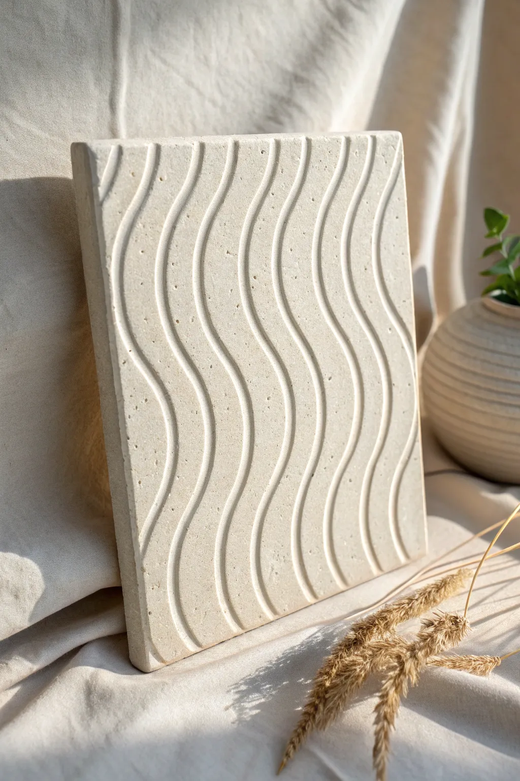 Abstract ripple slab relief tile with carved grooves and soft shadows for a calm modern texture