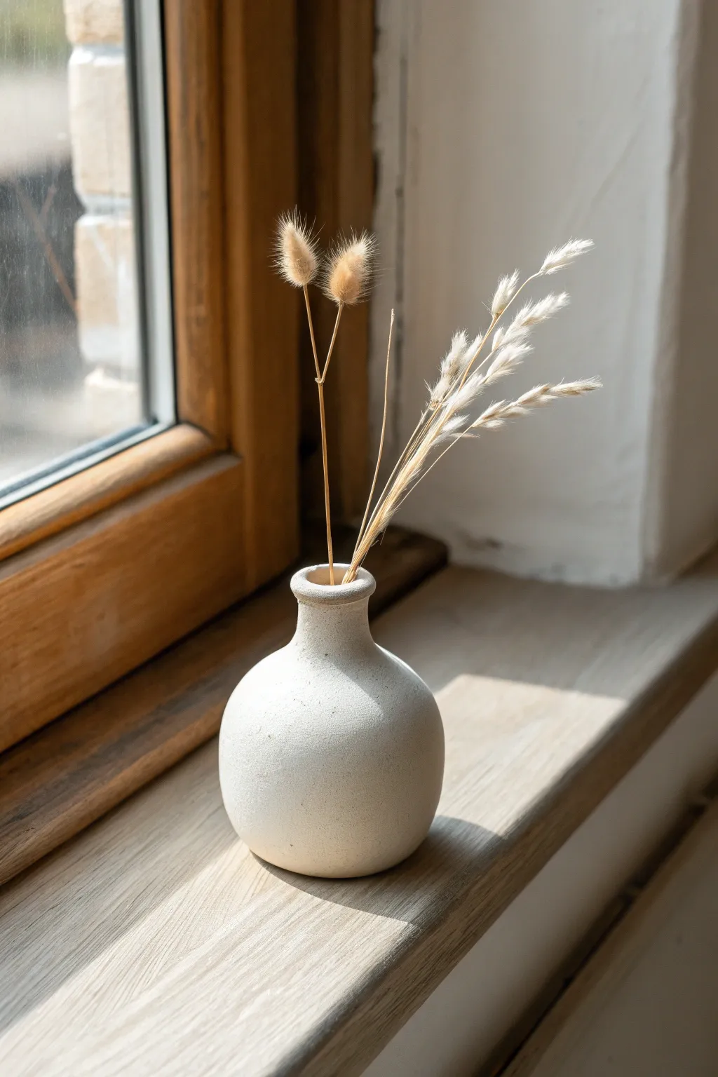 A tiny air dry clay bud vase with one delicate stem, minimalist, calm, and sunlit.