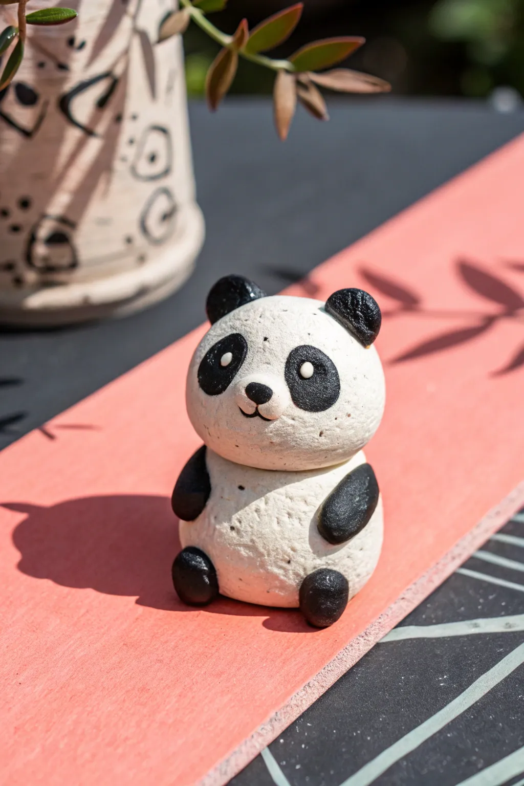 Teeny clay panda with simple eye patches, popping in black and white on a bold pastel backdrop.