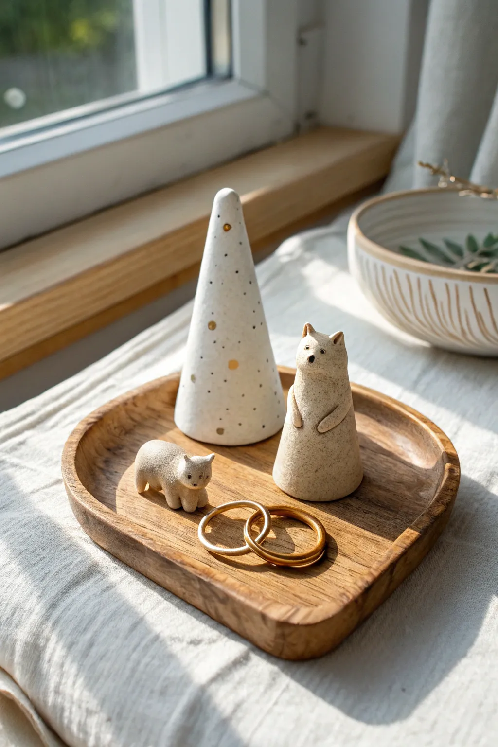 Mini clay ring cones and a cute animal holder styled simply with stacked rings and soft light.