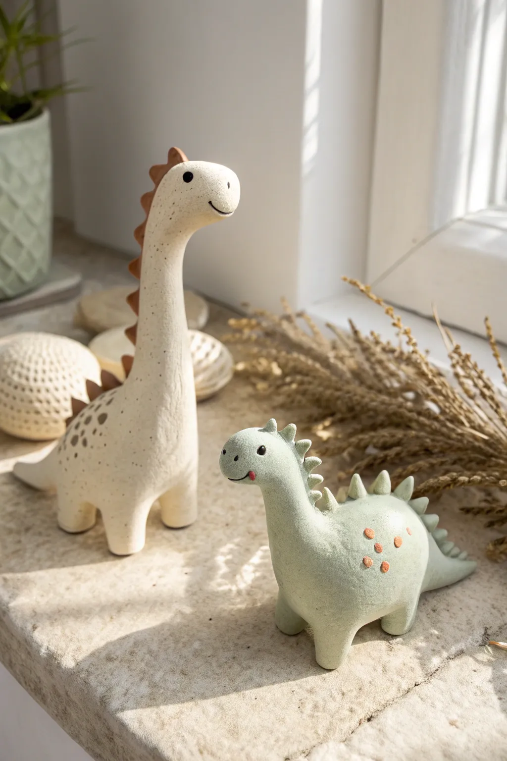 Pocket-sized clay dino minis with rounded spikes, a sweet minimalist duo for your shelf.