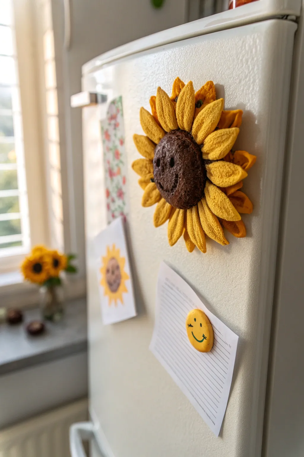 Cheerful sunflower clay magnet with a sweet smile, brightening a calm minimalist fridge.