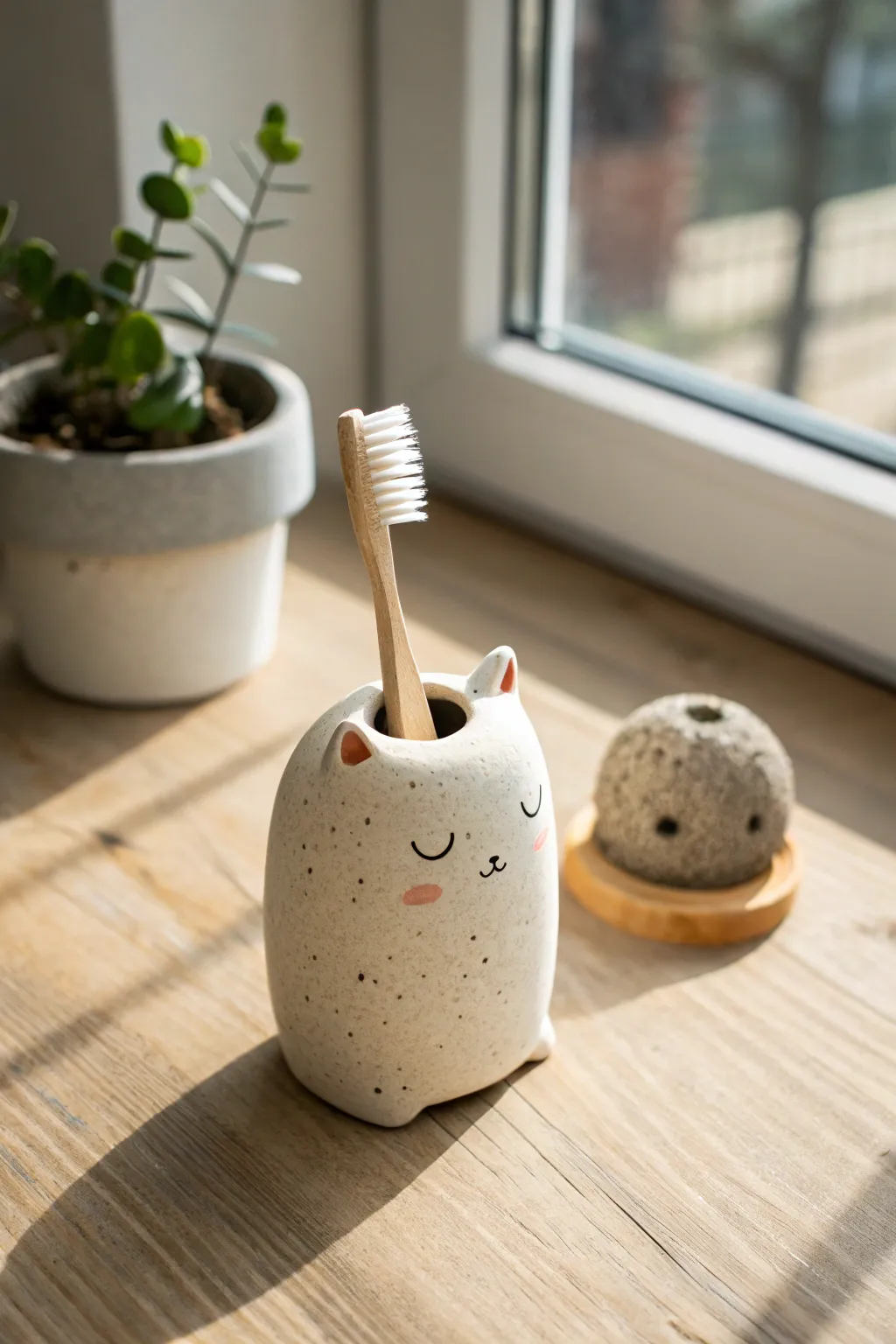 Cute air dry clay creature toothbrush holder, simple spots and sweet face in minimalist style.