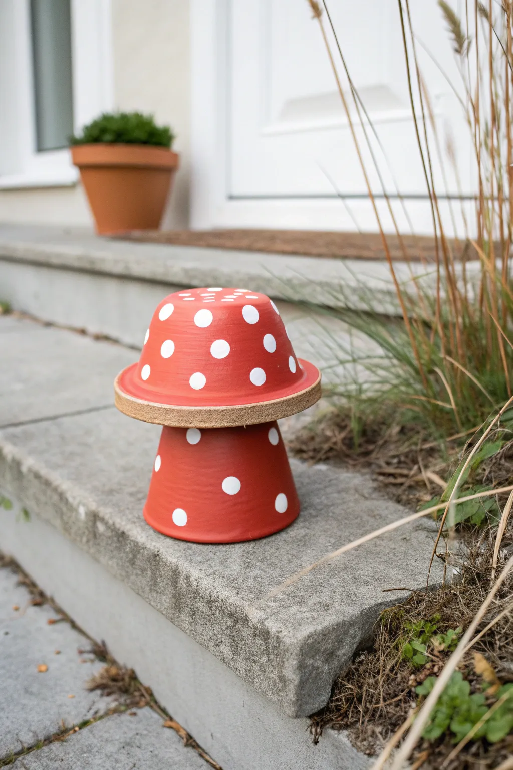 Charming upside-down clay pot mushroom decor, minimalist boho style with bold red and white dots.