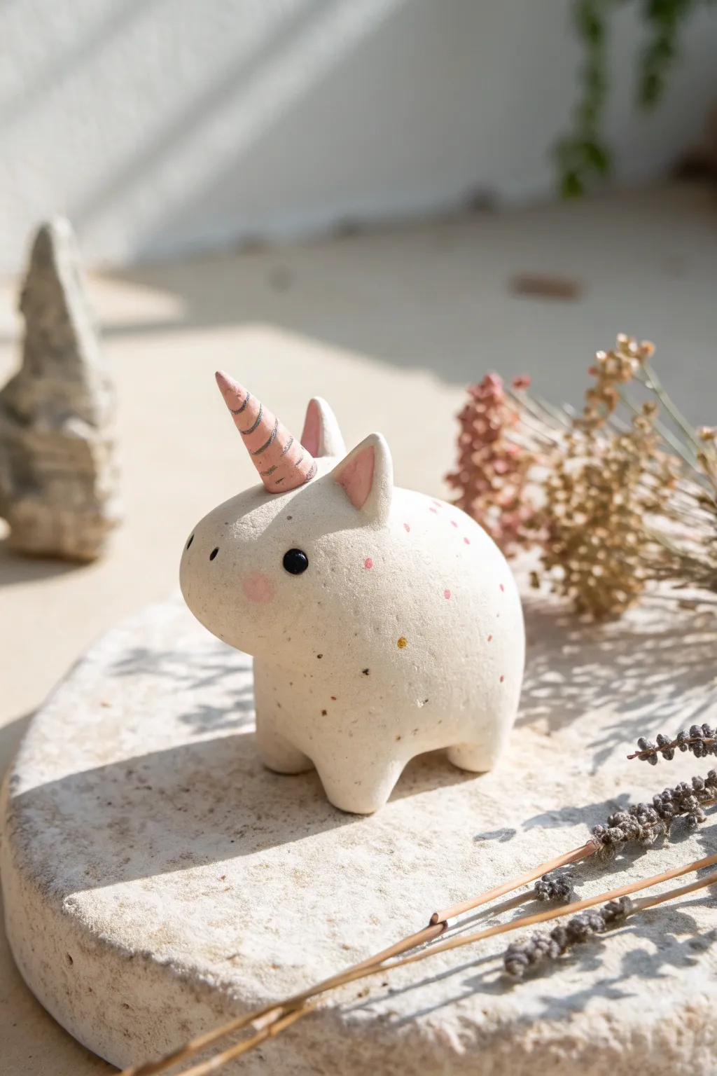 Tiny clay unicorn mini with minimal features, Scandinavian calm with a soft boho touch.