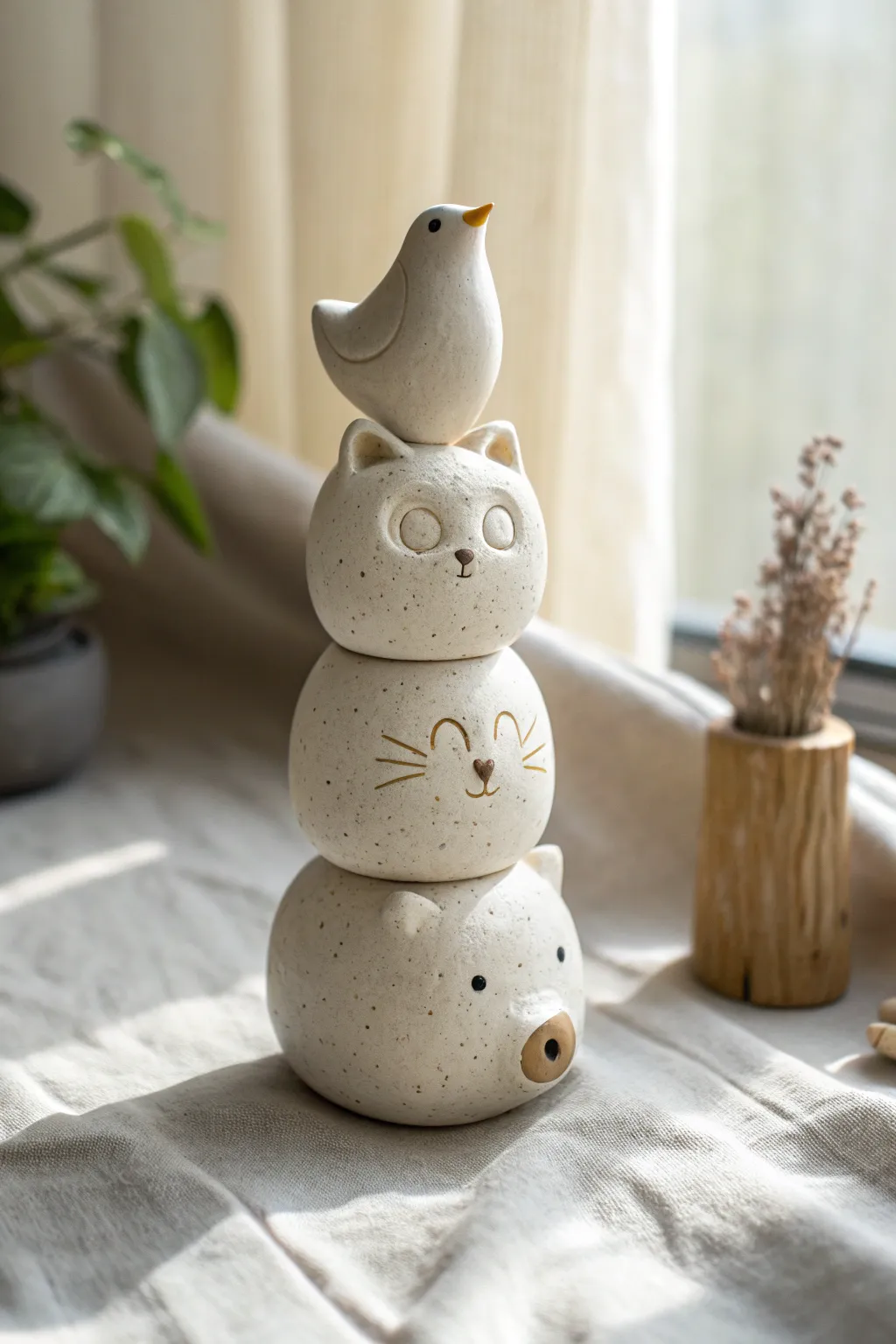 Playful mini animal totem stack in speckled matte clay, simple shapes and big wow