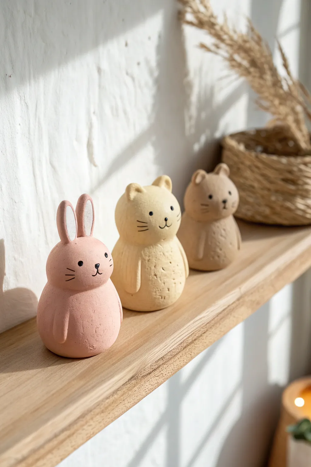 Chubby mini clay animals in matte pastels, lined up on a simple shelf for cozy decor
