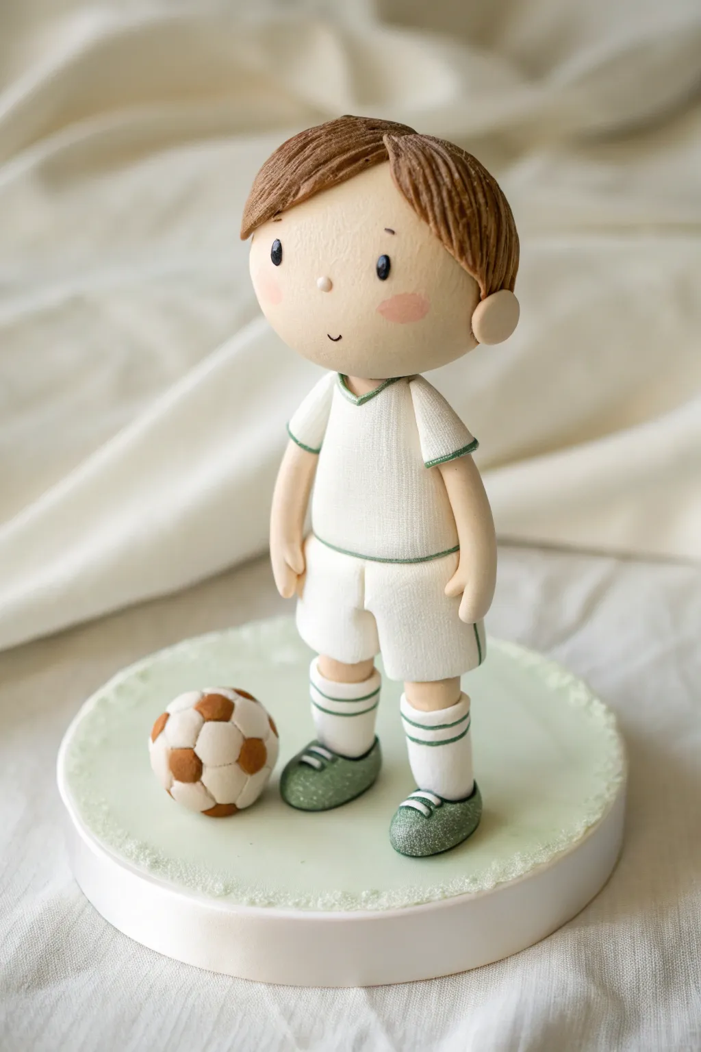 Minimal clay soccer player cake topper with ball, Scandinavian tones and handmade charm.