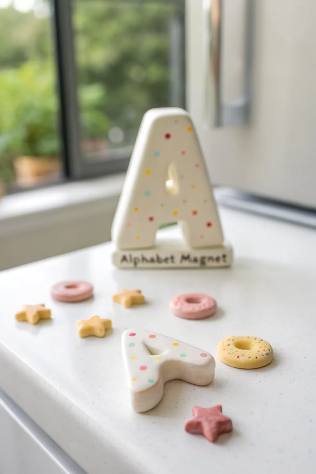 Colorful clay letter and shape magnets, kid friendly and cute, styled minimal on a neutral fridge surface