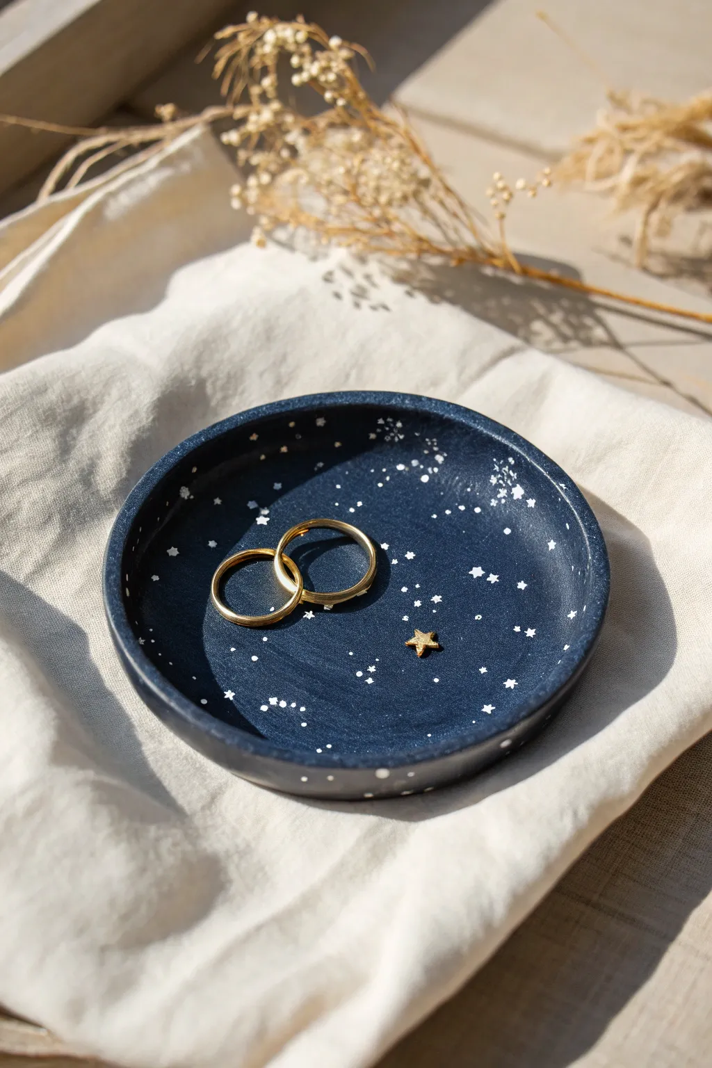 Minimal starry sky trinket dish in navy clay, perfect for rings and tiny treasures