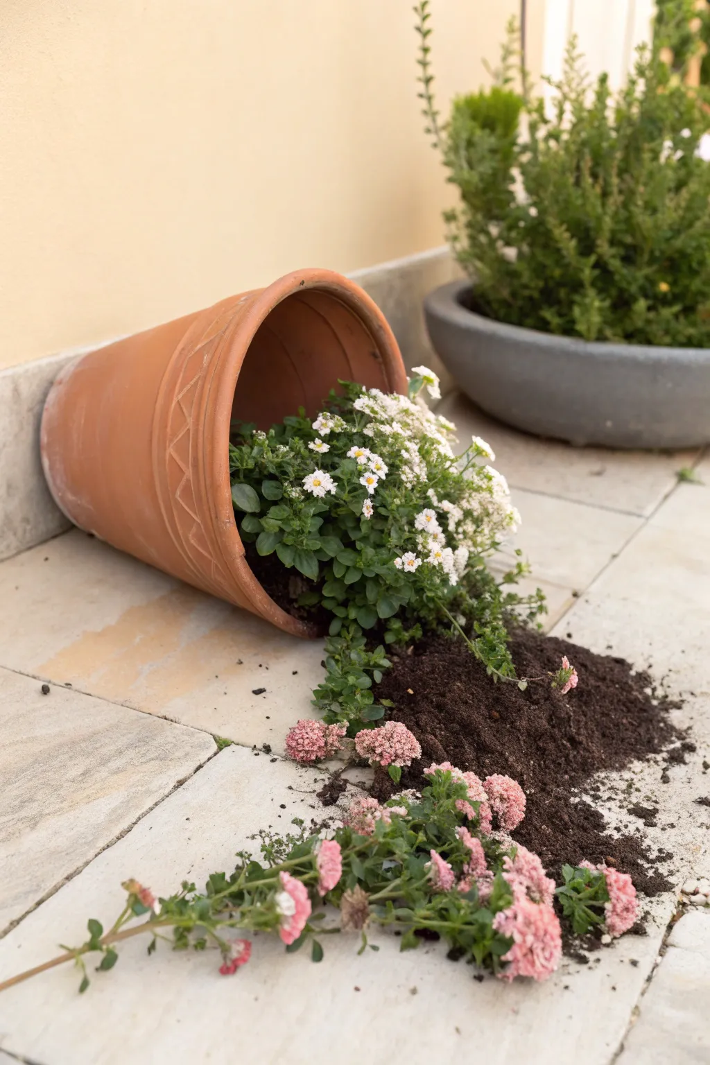 Broken terracotta spill planter with lush mounds and trailing greens for a soft garden moment