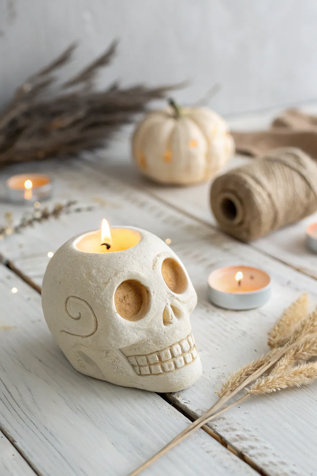A sweet little clay skull buddy with a cozy tea light glow for gentle spooky home decor