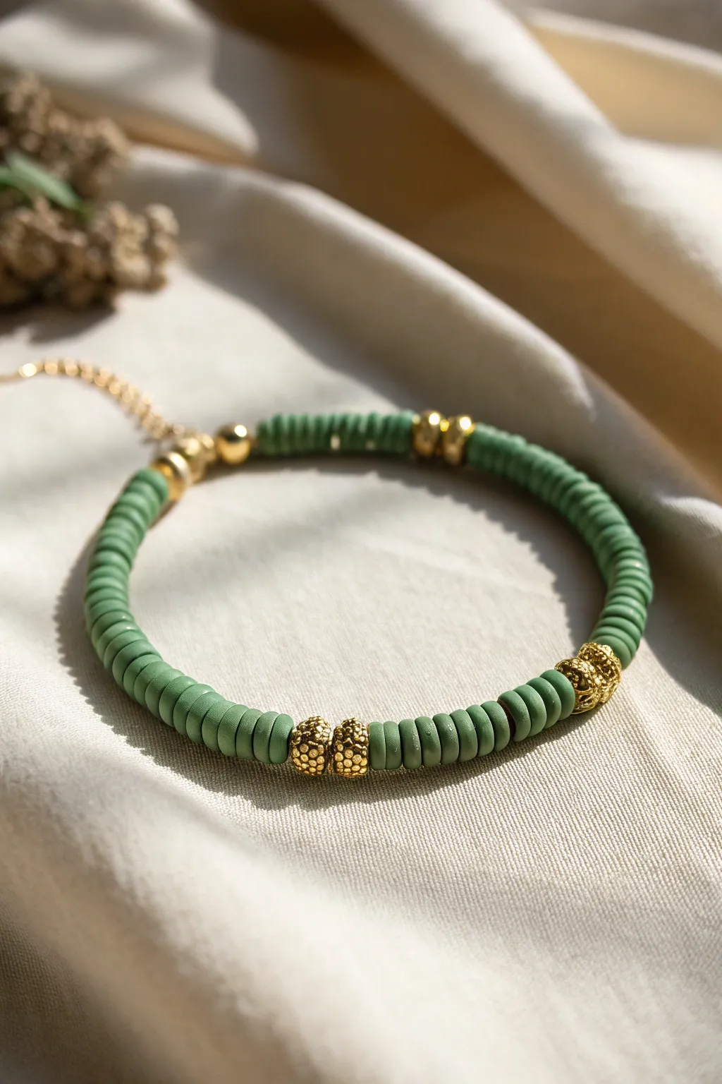 Green heishi clay bead bracelet with tiny gold spacer clusters, a chic pot of gold accent