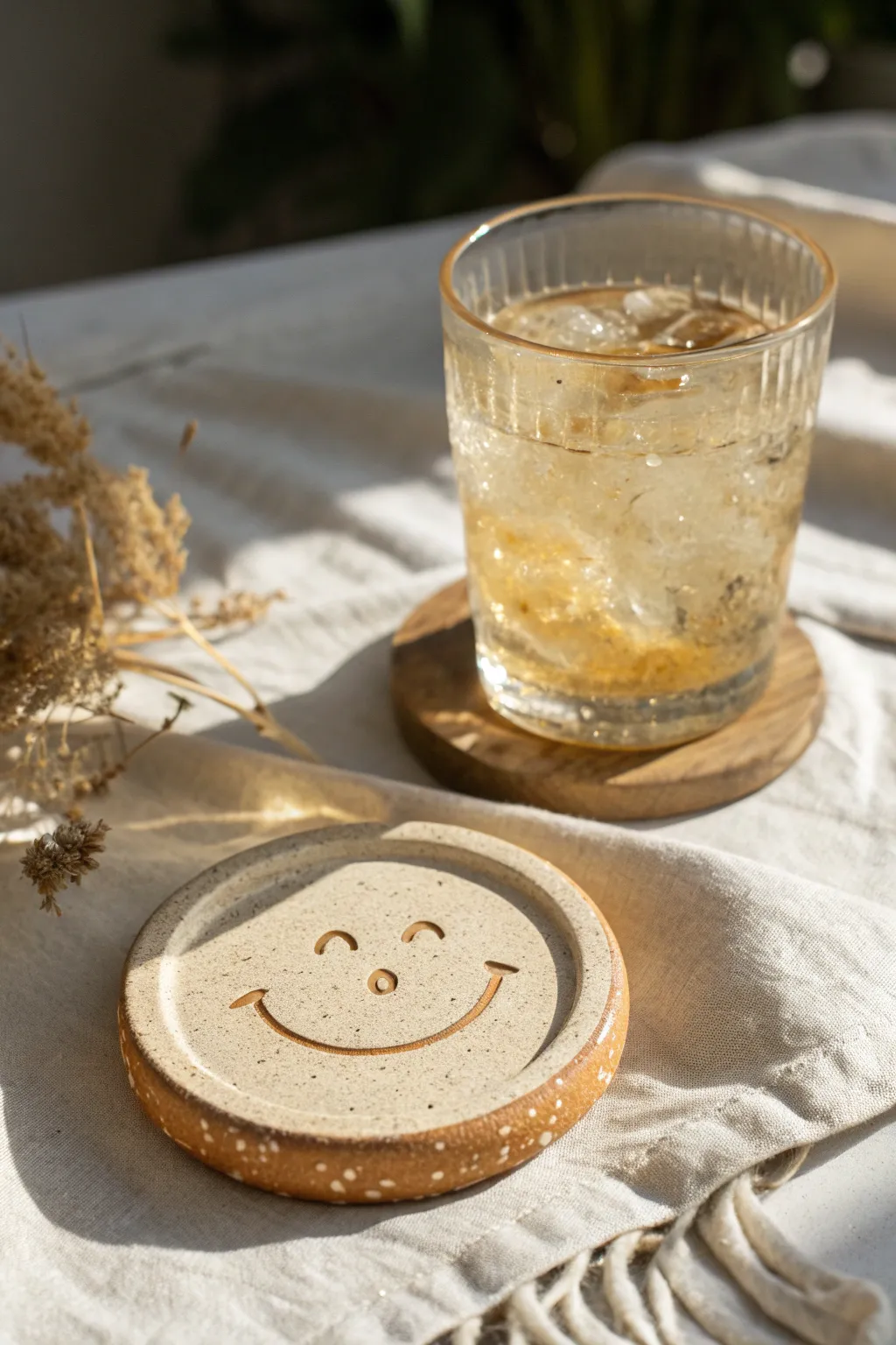 Melted-rim smiley stoneware coaster for cozy stoner hangouts, warm light, minimal boho mood