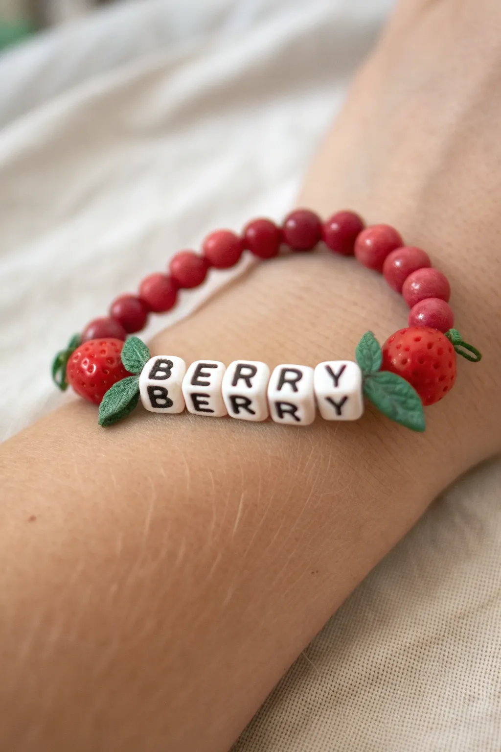 Strawberry clay bead bracelet with BERRY letter beads, minimal Scandinavian look with soft boho charm.