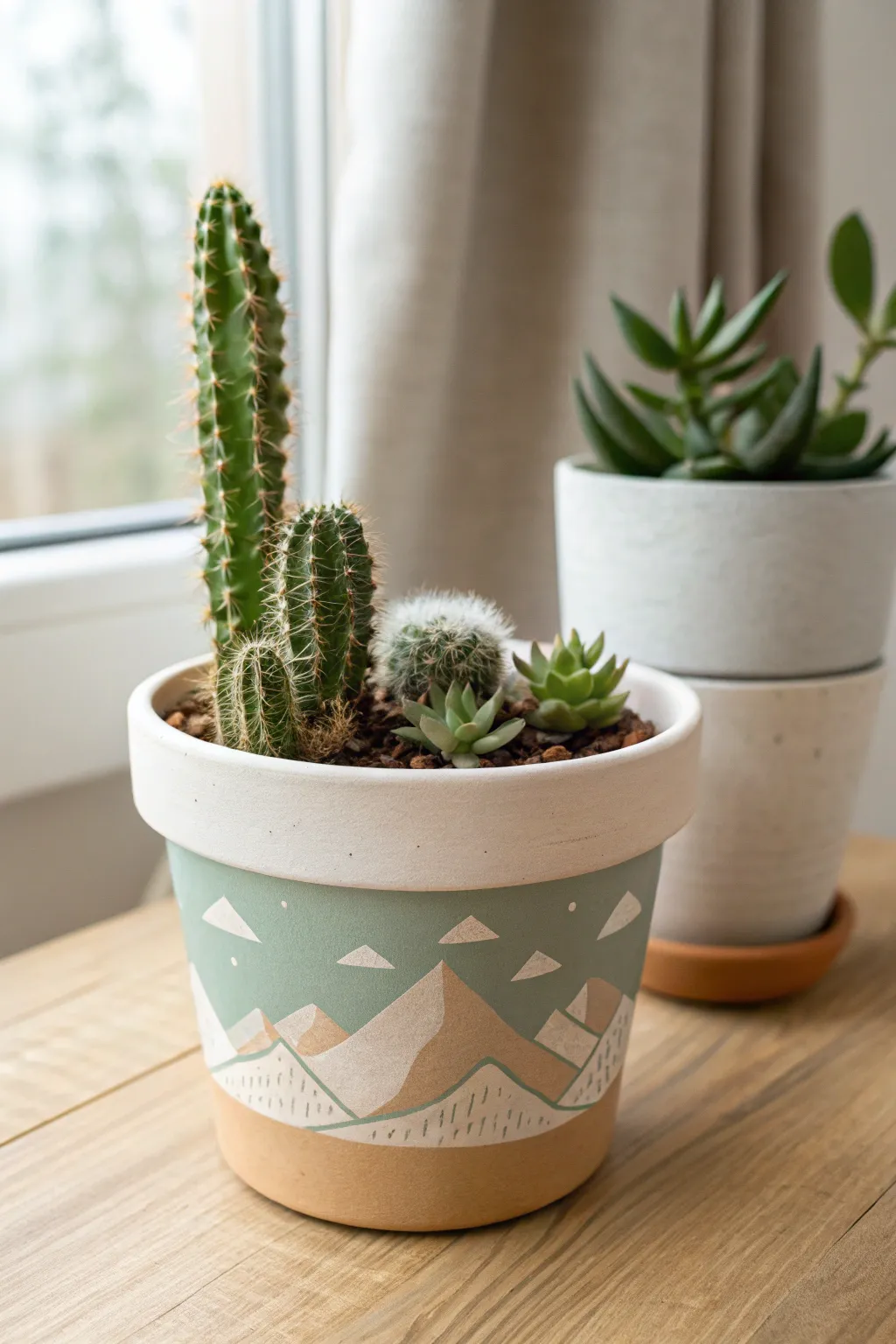 Minimal mountain range succulent pot with tiny cacti accents, perfect for a mini landscape set.