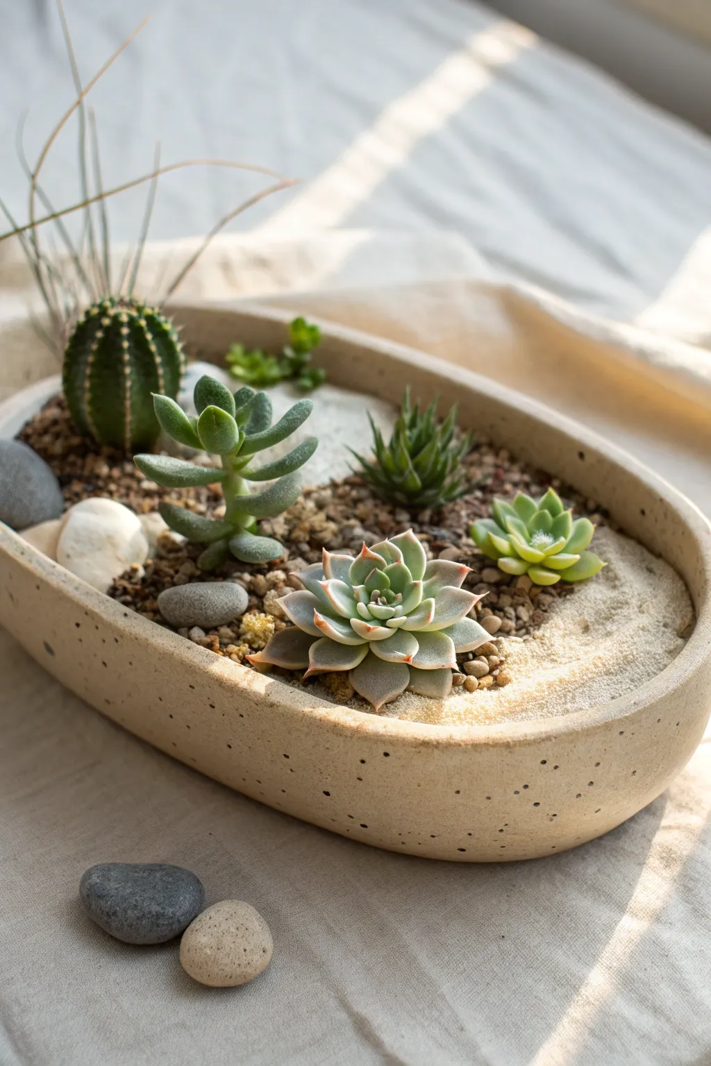 Mini desert succulent tray with layered gravel and cliff stones in a calm, minimalist style