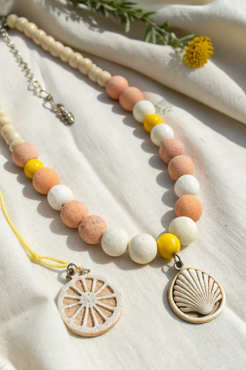 Easy summer air dry clay bead necklace with sun, shell and lemon charms, styled on linen