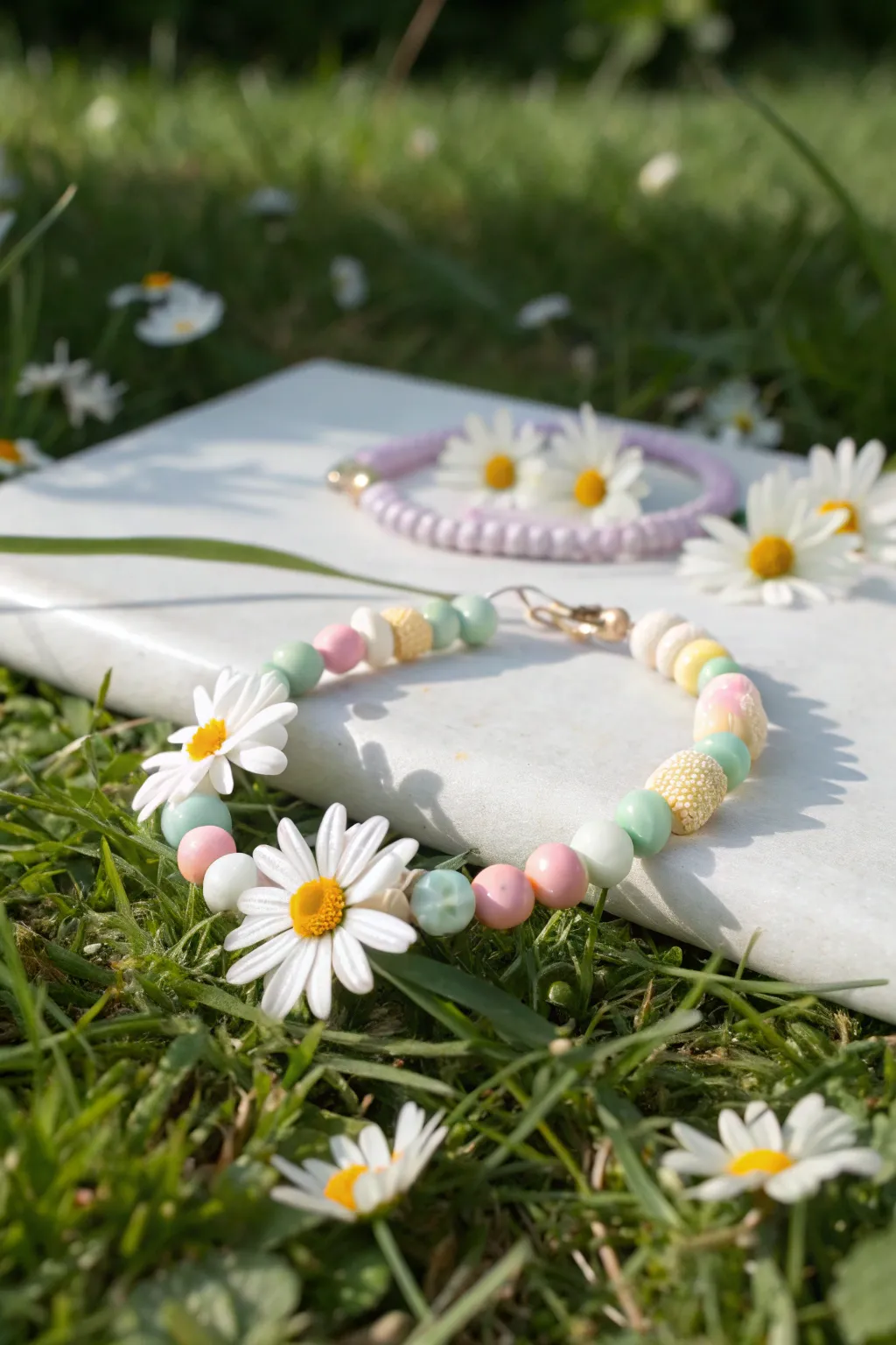 Sunny daisy clay bead bracelet stack with pastel pops, perfect for an easy summer garden look.