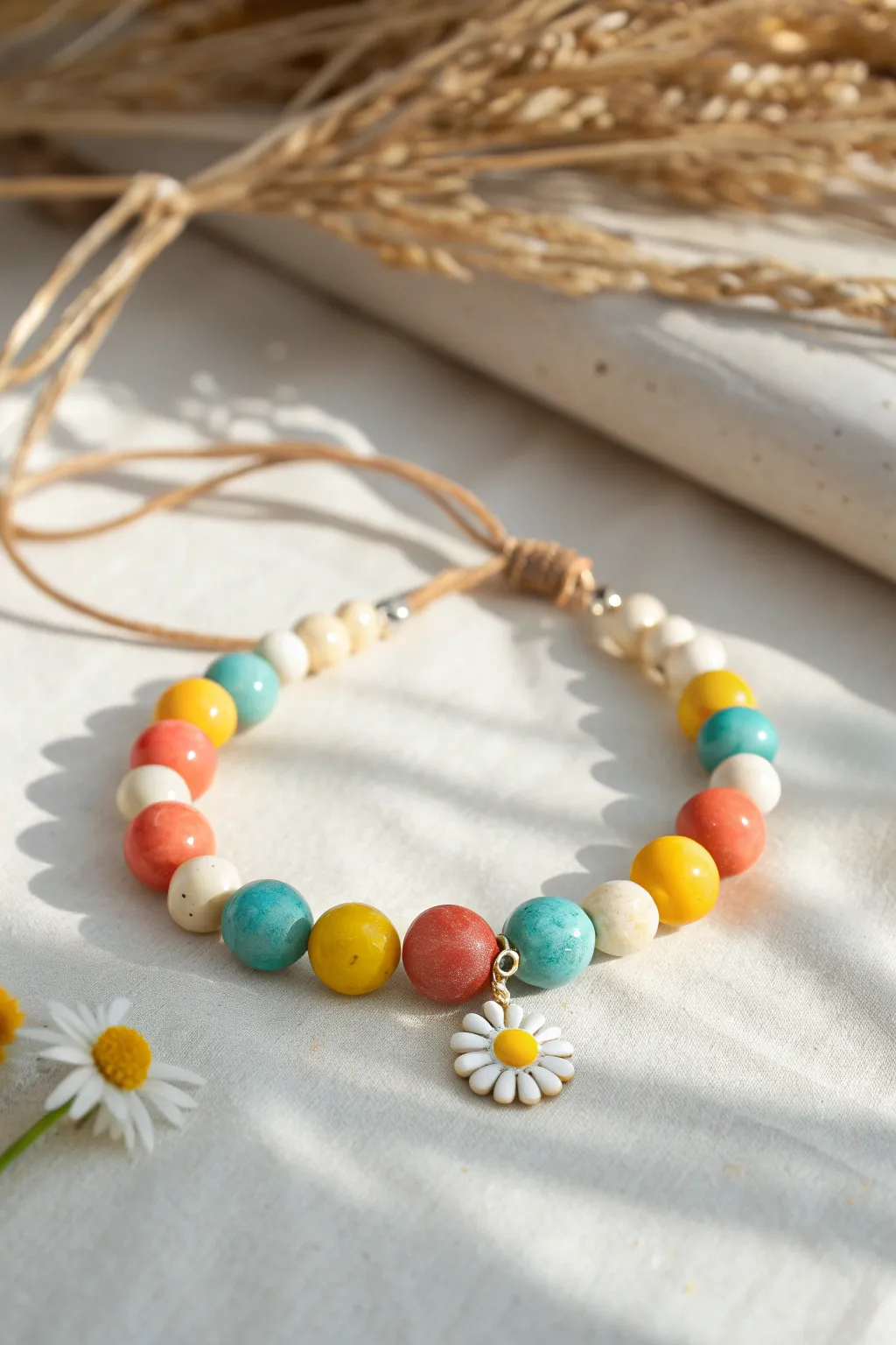 Bright summer clay bead bracelet with sun and daisy accents for a playful minimalist vibe