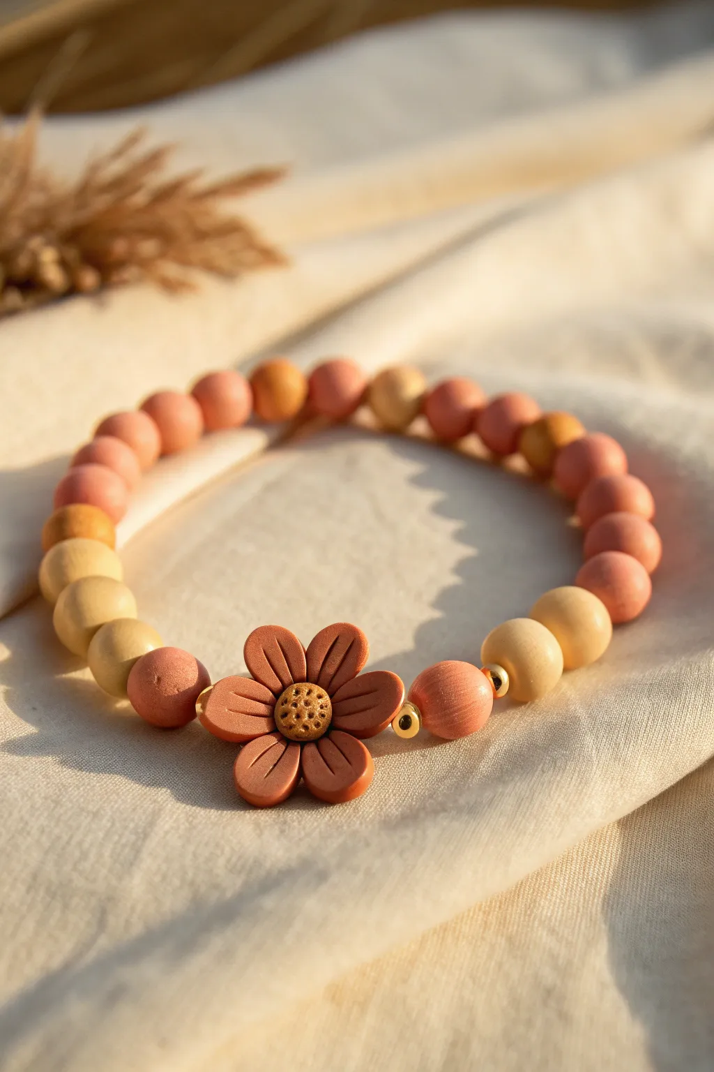 Sunset flower focal bracelet with a sunny yellow-to-pink bead gradient and warm clay charm.