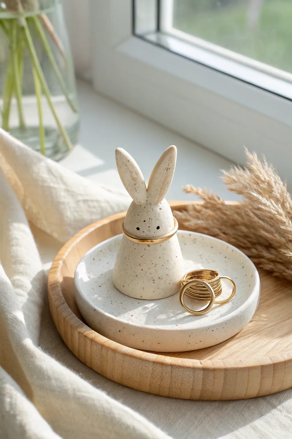 Tiny animal ring cone in matte clay, styled in soft Nordic neutrals with one ring on display