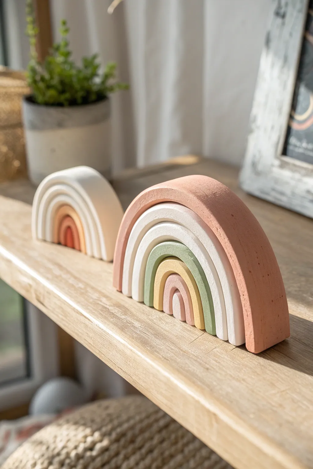 Super light foam clay mini rainbow arches in soft tones, minimalist shelf decor with boho warmth